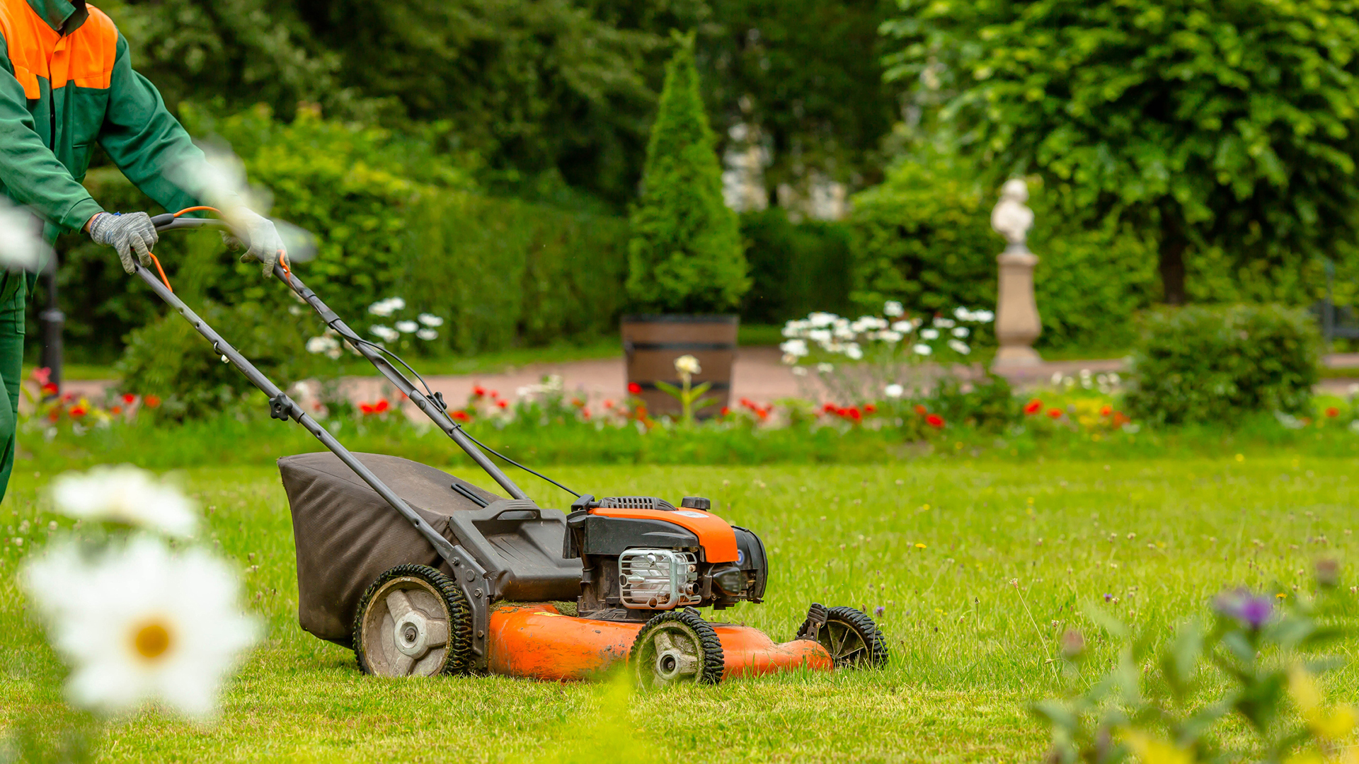 A person mowing the lawn in their backyard with an electric lawnmower.