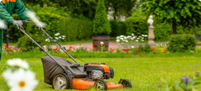 A person mowing the lawn in their backyard with an electric lawnmower.