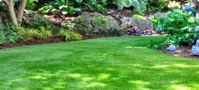A freshly mowed lawn and well-manicured garden in a backyard.